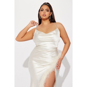 New Design Customized Style Adjustable <b>Spaghetti</b> <b>Straps</b> Cowl Neckline Feather Trim Women Sexy Causal Party Dress - Product Image 2