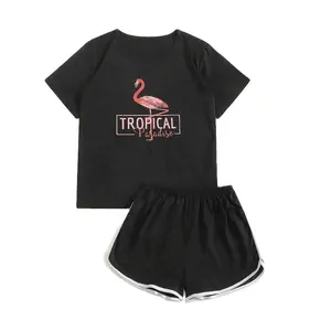 フラミンゴプリントレディースPJセットレディースパジャマパジャマセット10代の女の子若い女性のナイトウェア服セット