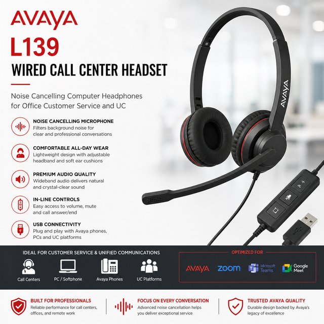 Avaya L139 Wired Call Center Headset Noise Cancelling Computer Headphones for Office Customer Service and UC