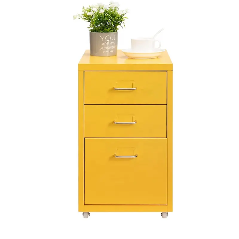 Modern Office Yellow Steel Mobile Filing Cabinet Bedroom Bedside Table 3 Drawer Storage Cabinets
