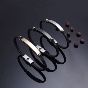 Bracelet en acier inoxydable plaqué or tendance, logo personnalisé, bracelet en cuir tissé élégant pour couple, cadeau - Product Image 2
