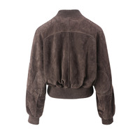 Blouson bomber en daim de chèvre véritable pour femme, coupe courte, surdimensionné, avec bordure en tricot côtelé, double fermeture éclair