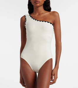 Women Off White One Shoulder One Piece <b>Swimsuit</b> Black Wavy Scallop Trim Tummy Control Slim <b>Monokini</b> Beach Bathing Suit Wholesale - Product Image 4