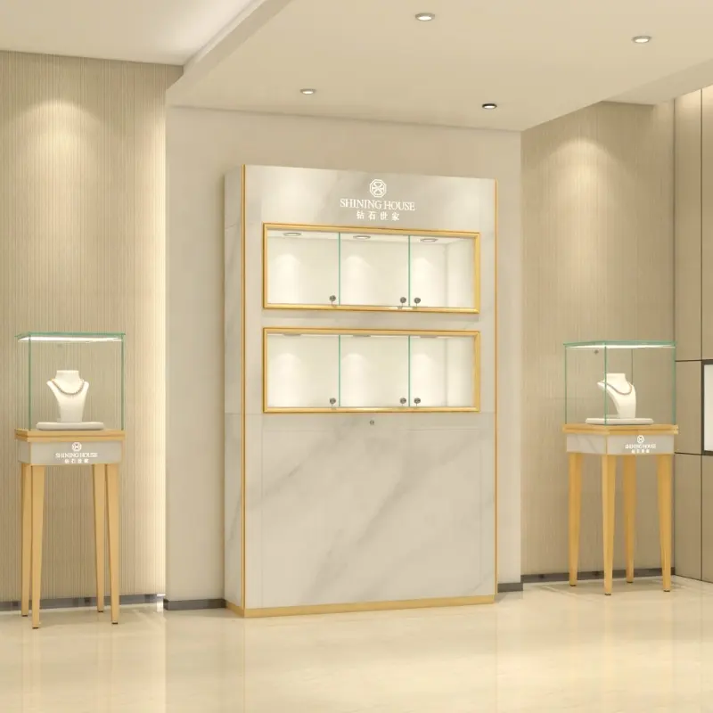 360 lampu putar toko cermin kabinet desain depan dekoratif komersil tampilan sudut kaca led lemari perhiasan untuk toko