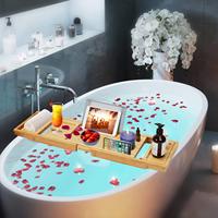 Combohome Organisateur de douche de pont de plateau de baignoire en bambou pliable, plateau de baignoire avec panneau amovible de salle de bain latéral extensible