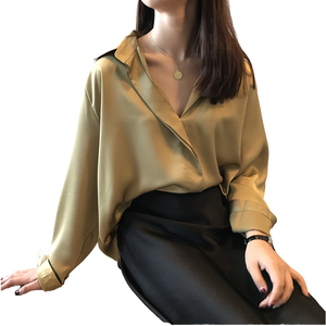 Blusa Casual de Satén para Mujer, Estilo Vintage, Elegante y Sexy, para Primavera/Verano, Manga Larga, Cuello en V con Solapa - Product Image 1