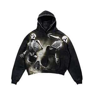 Sudadera con capucha extragrande con estampado de calavera, unisex, informal, negra, con lavado ácido, estilo Wicked, venta al por mayor, ropa de Halloween - Product Image 1