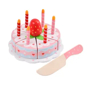 Pastel de madera con fresa grande juego de simulación preescolar femenino Feliz cumpleaños pastel Topper juguetes educativos para niños aprendiendo