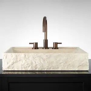 Egyptian Yellow Marble Natural Stone Vessel Art Hand Wash Basin Above Counter Sink for Bathroom with 6-1/2" Center Faucet Hole