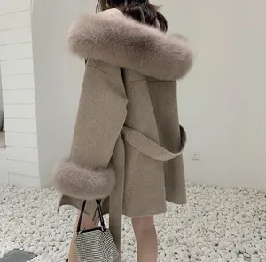 BY002 2022 लक्जरी Oversized असली कश्मीरी मिश्रण कोट महिलाओं सर्दियों ऊन Hooded, कार्डिगन जैकेट के साथ निचले स्तर फॉक्स फर कॉलर