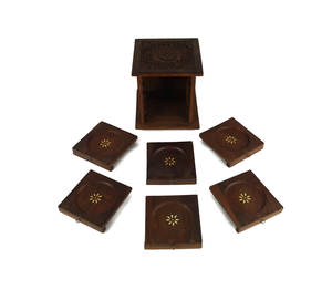 Ensemble de six sous-verres en bois avec support finement sculpté conçu parfaitement pour la maison et le bureau de l'Inde - Product Image 2