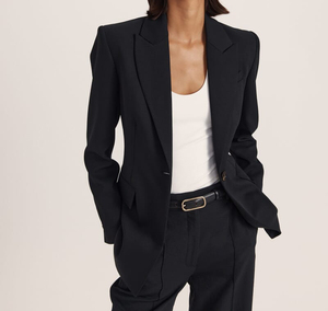 Blazer ajusté noir élégant à revers crantés, simple boutonnage, de qualité supérieure, idéal pour le travail, le bureau et les occasions formelles - Product Image 1