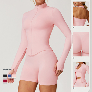 Nahtloses Fitness <span class=keywords><strong>Wear</strong></span> <span class=keywords><strong>Training</strong></span> Schnellt rocknende Langarm Yoga Sport Gym Top Frauen Jacke Gym Fitness Sets für Frauen Leichtathletik - Product Image 3