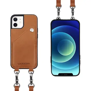 Hands Free Premium Leather Wallet Shoulder Cross body Cell phone Case with Strap Card Slot For iPhone11 12 13