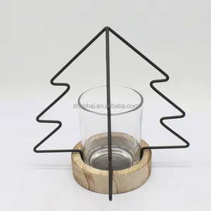 new design cylinder transparent glass candle holder with wood base tealight Christmas tree wire frame for home decor