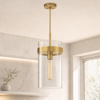 Luminaire suspendu moderne en verre cylindrique transparent avec finition en laiton pour hôtel, salle à manger et îlot de cuisine