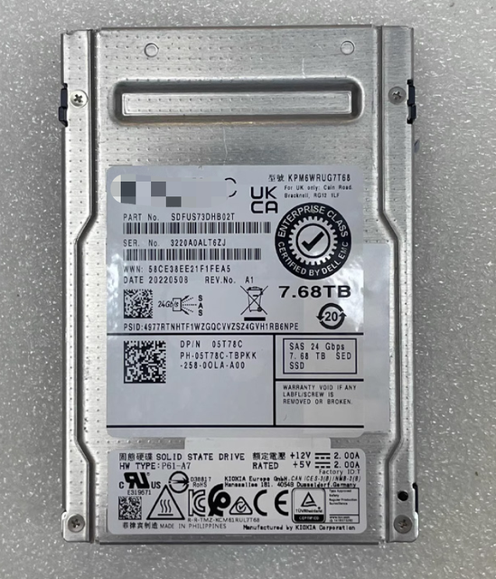 5T78C / KPM6WRUG7T68 7.68TB 2.5" SFF 24Gbps Read Intensive 1-DWPD BICS Flash TLC SAS SED / FIPS 140-2 Encrypted SSD
