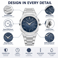 Montre pour homme avec logo personnalisé, bracelet intégré en acier inoxydable de luxe, cadran bleu croisé, lunette octogonale, quartz ultra fin, 5 ATM
