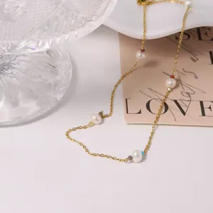 Collar de perlas naturales de acero inoxidable chapado en oro de 18 quilates para mujer estilo Vintage joyería de acero inoxidable señora regalo
