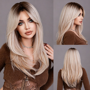 Pelucas sintéticas largas y lisas <span class=keywords><strong>de</strong></span> alta calidad al por mayor para mujer, con flequillo cortina que marcan el rostro, pelucas <span class=keywords><strong>de</strong></span> cabello completo <span class=keywords><strong>natural</strong></span>. - Product Image 4