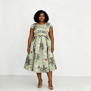 Elegante Vestido Midi con Estampado Floral, Corte en A, con Cinturón, Manga Corta, Satinado, Vestido de Fiesta para Mujer, Cuello Redondo, Corte Regular, Primavera - Product Image 3