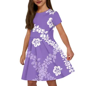 Popular Product Short Sleeve Children's Dress Custom Wholesale Melia Plumeria Lei Art Print Girl Dresses