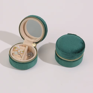 ELE QUEEN Modern Custom Logo Round Velvet Travel Jewelry <b>Box</b> Zipper Mirror <b>Mini</b> Luxury <b>Storage</b> Case for Rings Necklaces Earrings - Product Image 5