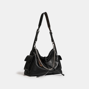 Grand sac hobo en cuir souple noir <span class=keywords><strong>avec</strong></span> chaîne argentée, sac à bandoulière rétro <span class=keywords><strong>avec</strong></span> poches latérales, sac minimaliste 2026 - Product Image 2