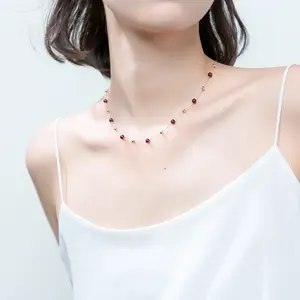 S925 Sterling Silver Cadeia Colar Doce Garnet Colar Temperamento Gargantilha Cadeia Colares Para Mulheres Moda Jóias