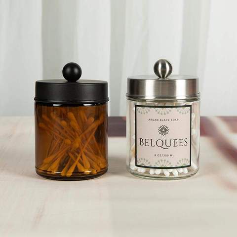 Factory Directly Supply 8oz Amber Clear Straight Side Stainless Steel Lids Glass Bathroom Apothecary Jars Set for Cotton Swabs