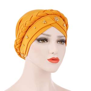 Chapeau turban africain en fibre de lait tressée pour femmes musulmanes de couleur unie <span class=keywords><strong>avec</strong></span> <span class=keywords><strong>perles</strong></span> dorées - Product Image 2