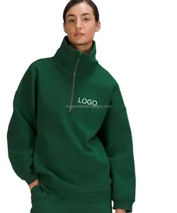 Толстая Толстовка из органического хлопка с логотипом на заказ, Однотонный женский пуловер с полузастежкой-молнией