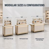 Design d'intérieur de boutique de parfums moderne, élégant, haut de gamme, écologique, avec table de présentation de parfums en bois et éclairage LED