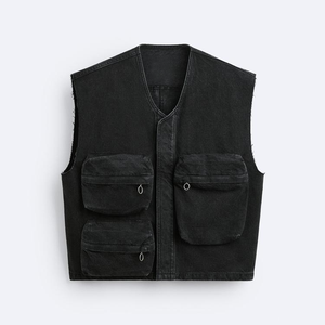 OEM Custom Wholesale Mens <b>Black</b> Washed Denim Utility <b>Vest</b> Raw Edge V Neck Multi Cargo Pocket Sleeveless Streetwear Gilet - Product Image 4