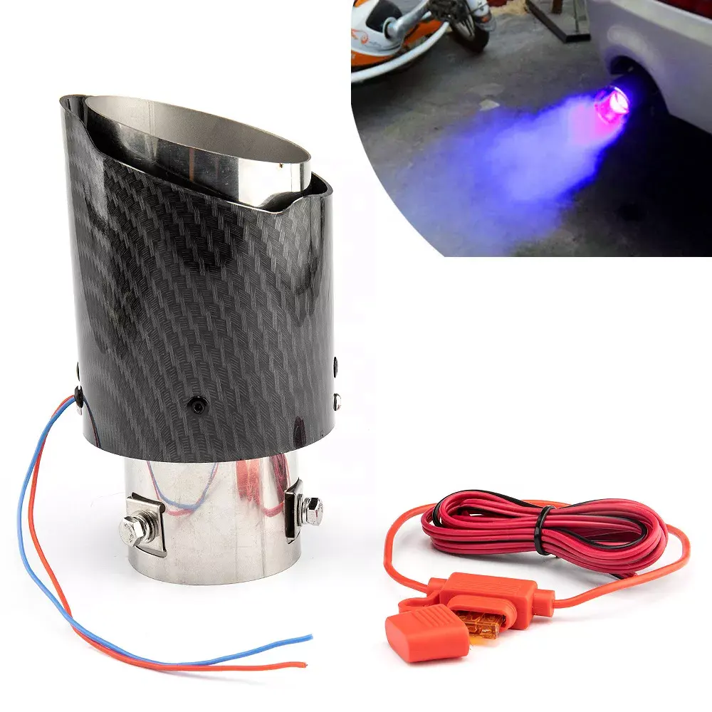 SYPES 63-65mm Inlet Carbon Fiber Color Car Exhaust Muffler Pipe Tip With RED Blue LED Light Red Blue Light