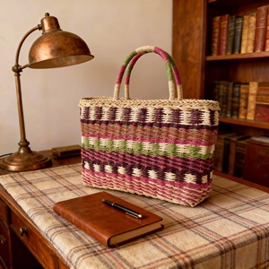 Bolso de mano de paja tejido a mano para mujer, colorido, a rayas, estilo bohemio, para playa, con asas, ecológico, tipo cesta, artesanal, para el hombro - Product Image 5