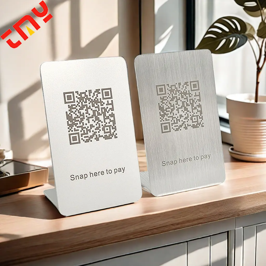 Personalized Custom Triangle Laser Engraving Stainless Steel Plate Metal Digital Table Menu Qr Code Display Sign Stand