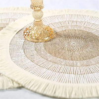 Sets de table et sous-verres ronds en jute tressé style bohème avec pompons, 380 mm de diamètre, épaisseur 10 mm