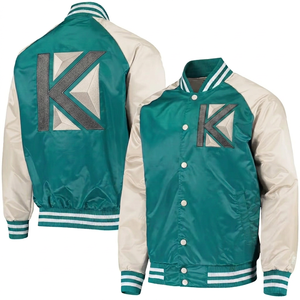 KVJ112, chaqueta universitaria de satén para hombre, diseño de invierno sin cuello de menta, bordado con letras, cuello naranja, bordado decorativo deportivo - Product Image 1