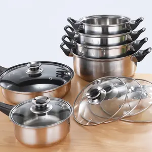 2024 Hot Sale Gold Handle Cookware Sets Nice Quality Panelas de aço inoxidável e panelas 6 PCS Set Non-stick Cooking Pot