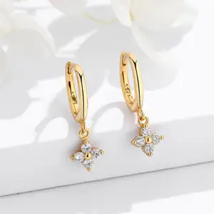 Luxury 925 Sterling Silver Diamond Zircon Flower Hoop Earrings 18K Gold Plated Four Leaf Clover Earrings Jewelry