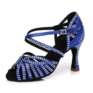 Chaussures de <span class=keywords><strong>danse</strong></span> latine en Satin bleu de haute qualité strass brillant talon moyen semelle souple LUOQIAO L394-Shacha/<span class=keywords><strong>Bachata</strong></span>/<span class=keywords><strong>danse</strong></span> Salsa - Product Image 2