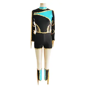 Blauw Folie Zwart Spandex Dans Turnpakje Jazz Sequin Trim Dans Kostuum Lange Mouwen Gymnastiek Prestaties Kleding