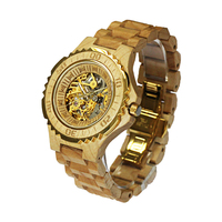 Montre mécanique automatique squelette pour hommes couleur bois acier inoxydable bracelet en bois montre-bracelet pour hommes