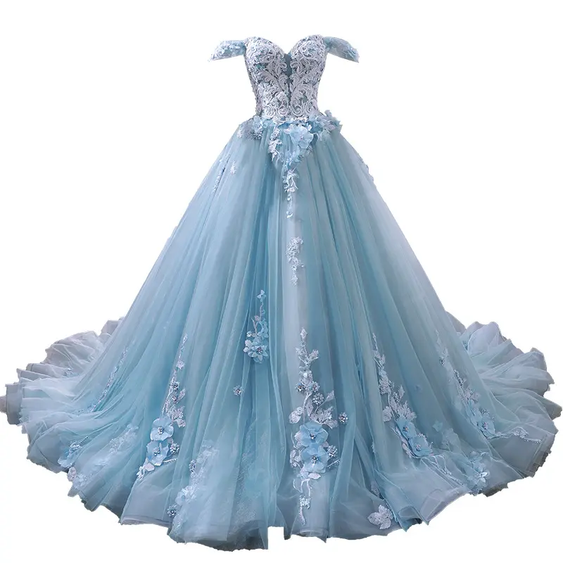 Elegant Girls Long Evening Dresses Ball Gown Sky Blue Appliques Lace Formal Prom Party Dresses