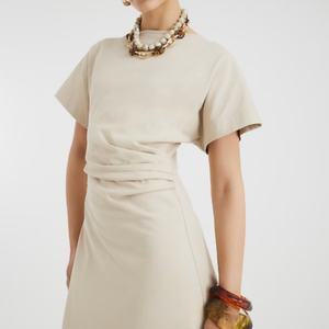 Robe midi vintage 100 % coton à motif floral, col halter, drapé latéral, beige, manches courtes, pour les journées printanières et estivales, en crêpe naturel, ODM - Product Image 2