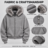 Sweat à capuche zippé personnalisé coupe courte, coupe ample unisexe, gris, avec bordure en fourrure, poche fendue, fermeture éclair bidirectionnelle, style streetwear, fournisseur en gros pour marques