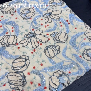Nouveau tissu brodé de sequins floraux chinois, <span class=keywords><strong>tulle</strong></span> <span class=keywords><strong>bleu</strong></span> clair à fleurs pour robe Hanfu - Product Image 2