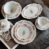 Service de vaisselle en céramique pour Noël, assiettes en porcelaine à bord festonné, bol, tasse, soucoupe, théière pour la décoration de table de Noël
