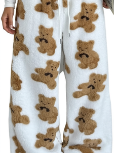 Pantalon de pyjama en polaire imprimé ours blanc, coupe large, avec cordon de serrage et taille élastique, idéal pour l'hiver - Product Image 1